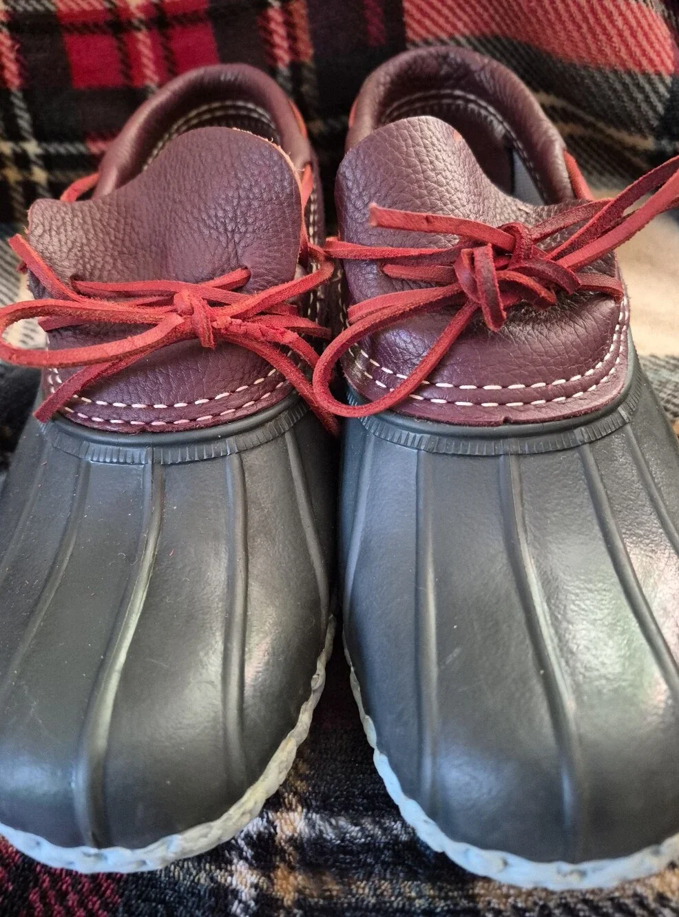 LL BEAN Made I Maine! Burgundy Leather & Black Rubber Duck Boots with Red Laces